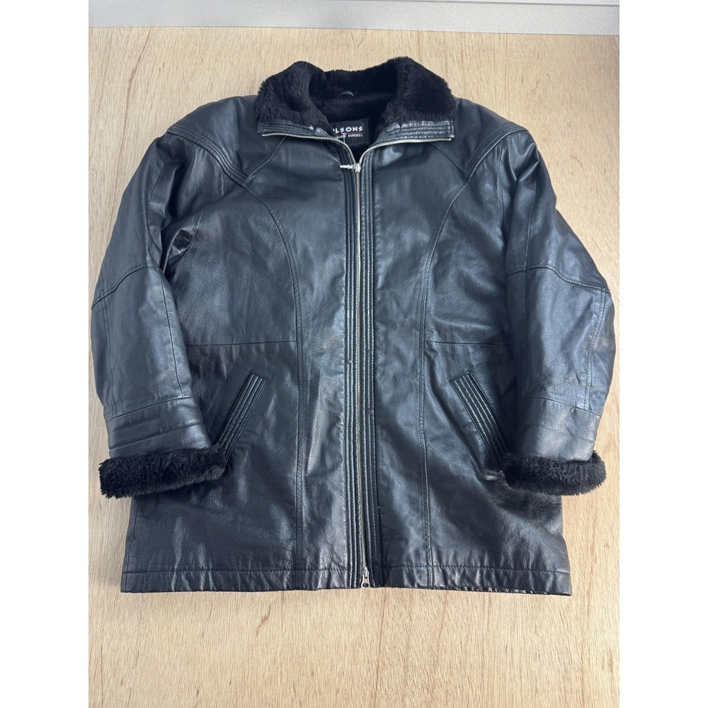 Wilsons Leather Coat Womens Large Black Faux Fur Collar Quilted Lined Zip Winter
